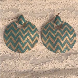 Turquoise & Gold Chevron Pattern Circle Earrings